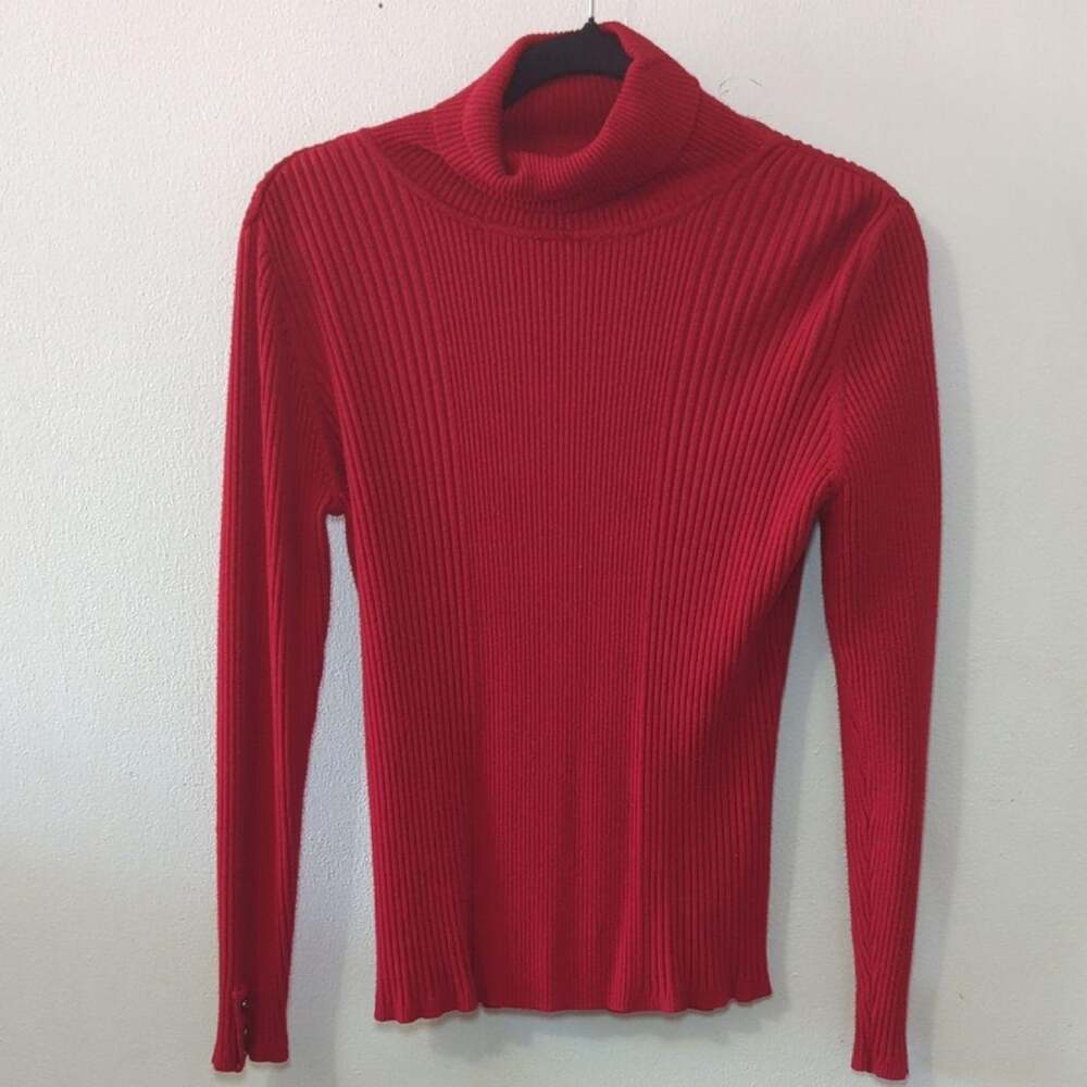 Style & Co Red Turtleneck Sweater Ribbed Metallic Buttons @ Wrist Women's Size L
